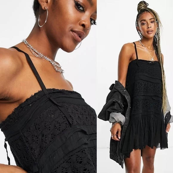 Free People Black Shailee slip mini dress with cami straps pleated hem sz Small - Picture 4 of 16